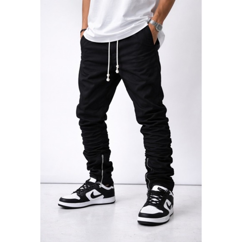 Black Icon Stacked Ruched Joggers Men Medium Cotton Drawstring Tapered Pants‎